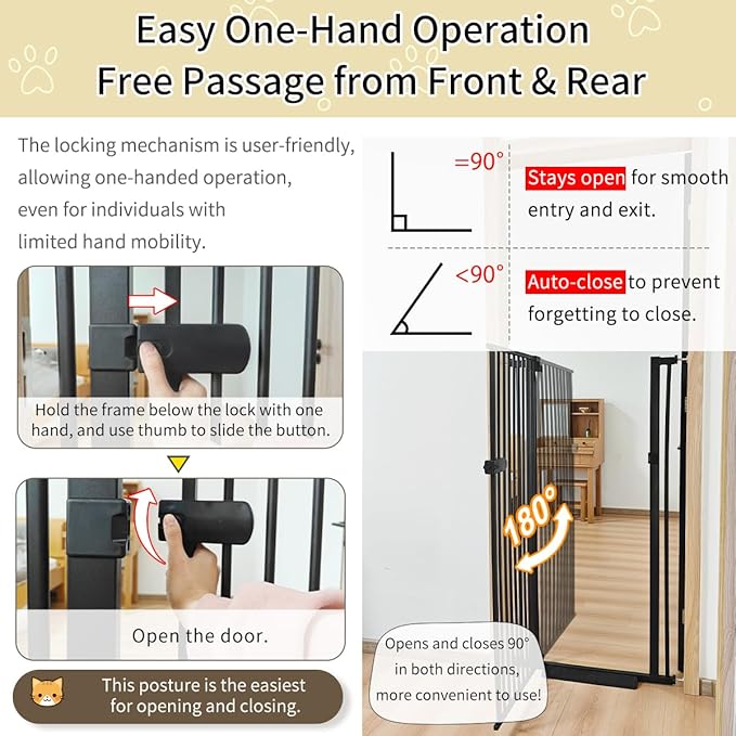 Lumizone Extra Tall Cat Gate 55.12" High Pressure Mounted Extra Wide 2025 New (17 Sizes) 1.37" Gap No Drilling Auto-Close One-Handed Operation Tall Pet Gate for Dogs(Black, 55.12" H x 88.58"-92.71" W)