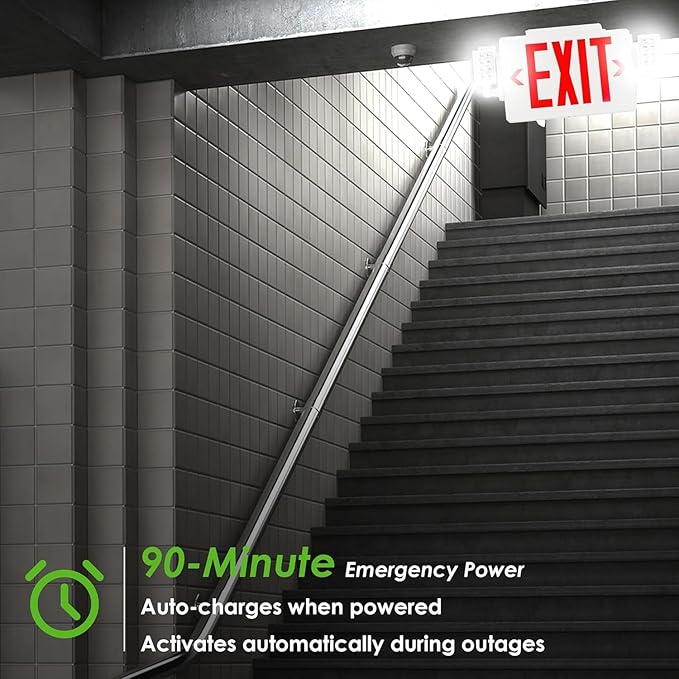Gruenlich LED Combo Exit Sign, Emergency Light with 2 Adjustable Heads and Double Face, Back Up Batteries- US Standard Red Letter EXIT, UL 924 Qualified, 120-277 Voltage, 6-Pack