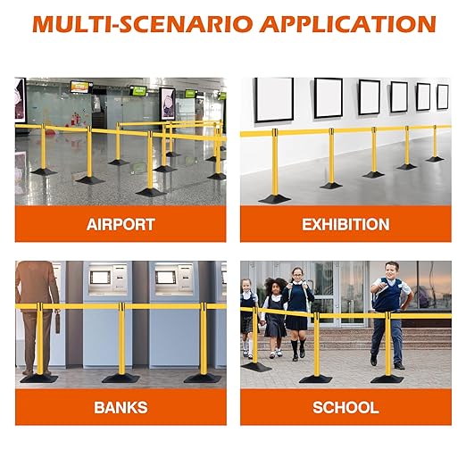 4 Pack Yellow Crowd Control Stanchion Set with 10FT Retractable Belt, Space-Saving Heavy Rectangular Base, Traffic Barrier Posts for Safety & Queue Management