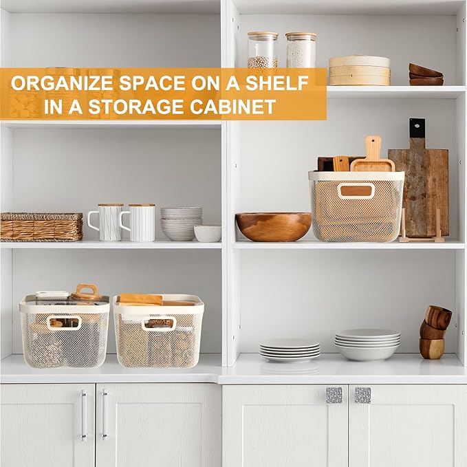 4 Pack Metal Mesh Steel Basket with Hollow Handles Square Wire Mesh Open Bin Fruit Storage Basket for Kitchen Bathroom Picnic Shopping Cabinet Home Items (Large,White)