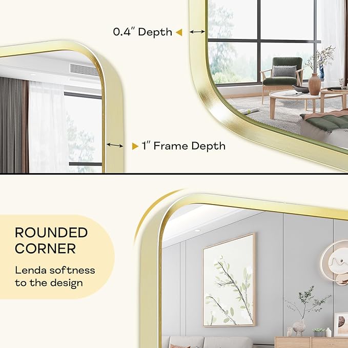 Gold Framed Bathroom Mirror, Brushed Gold Bathroom Vanity Wall Mirror, Rounded Rectangle Gold Frame Mirror, Tempered Glass, Anti-Rust, Hangs Horizontally or Vertically (22" x 30", Gold)
