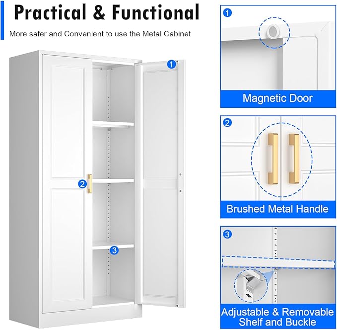 Kitchen Pantry Cabinet, 60 Inch Tall Pantry Storage Cabinet with Doors and Adjustable Shelves, Metal Storage Cabinet with Golden Handles for Dining, Living Room, Assembly Required, White