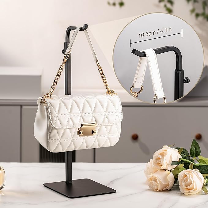 Purse Holder Handbag Display Stand: Hanger Rack Showing Bags, Purses, and Wreath, Adjustable Black Hook Stand for Tabletop, Closet, Desk, and Retail Use for Vendors