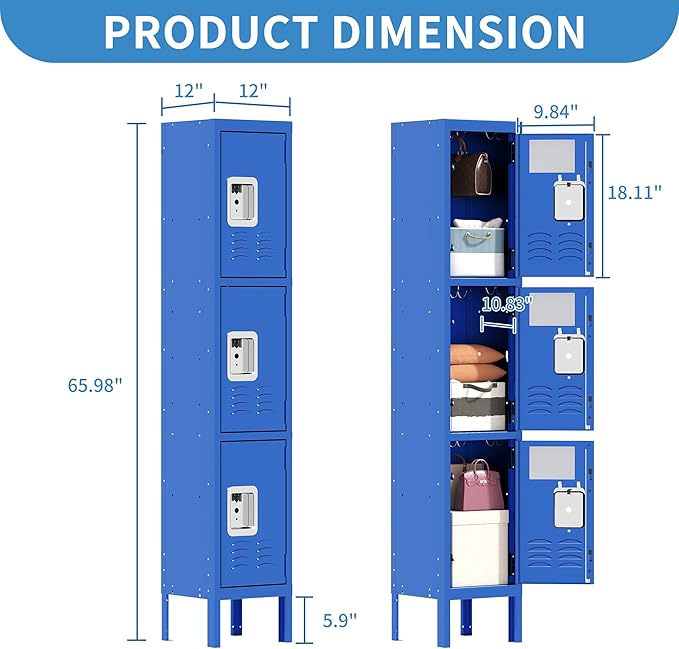 3 Doors Locker for Employees, Metal Locker Storage Cabinet for Home Office School Gym, Lockable, Require Assembly(Blue)
