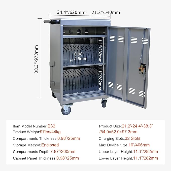 Laptop Charging Cart,32 Devices Tablet Storage Carts for Pad Up to 16.3" Screen Size, Classroom Computer Mobile Charging Station for Pads,Chromebooks,Laptops,Security Storage (30+2 Bay-Silver)