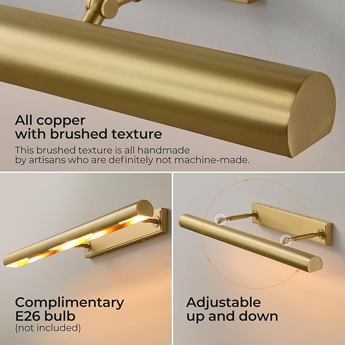 Picture Light, 30 inch Brass Picture Lights for Wall,Hardwired Brushed Gold Picture Lights,270° Rotatable Art Lights, 4-Light Picture Frame Light for Painting Display Artwork Portrait No Bulbs