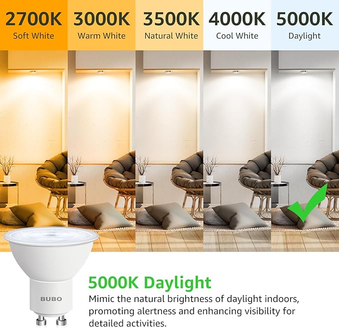 BUBO GU10 LED Bulb 6W Equivalent 50W, 5000K Daylight 650 Lumens, Non-Dimmable GU10 Bulb Replacement for Track Lighting, MR16 LED Bulb for Kitchen, Range Hood, Living Room, Bedroom, 10 Pack