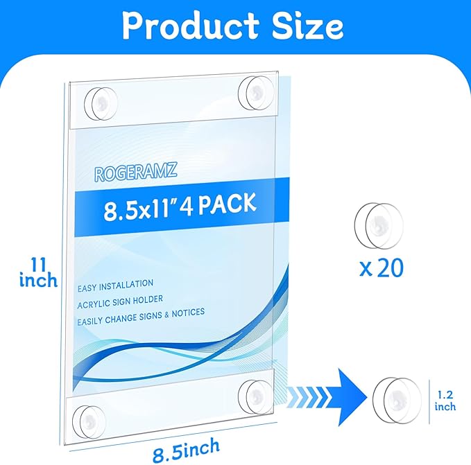 8.5 x 11 Acrylic Sign Holder with 20 Suction Cups, Clear Plastic Window Sign Holder, Wall Mount Advertising Frames for Glass Doors - Perfect for Malls, Offices, Homes, Stores, and Restaurants (4 Pack)