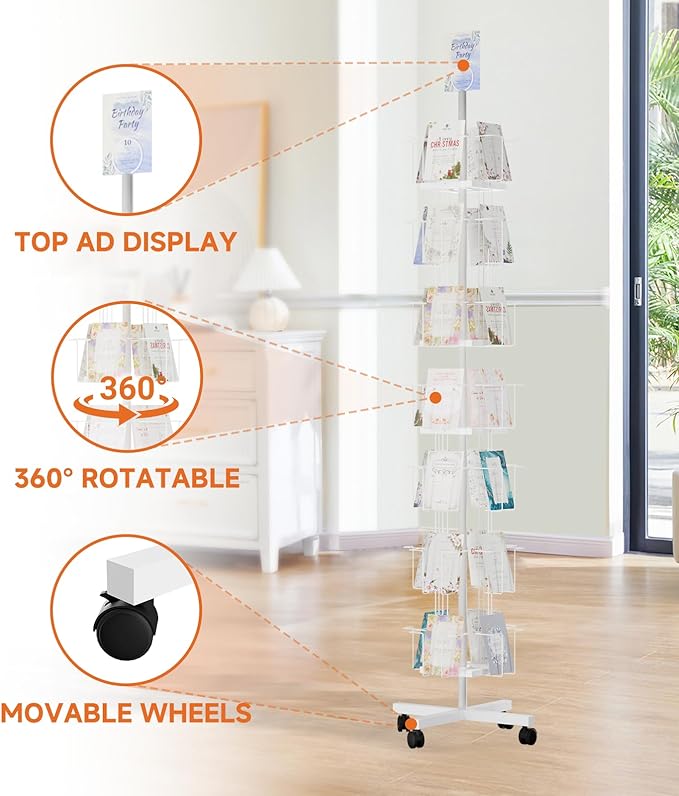 TONGMO 7-Tier Greeting Card Display Rack: 28-Pocket Rotating Countertop Stand for Postcards, Brochures, and Greeting Cards (White, 68.9”H)