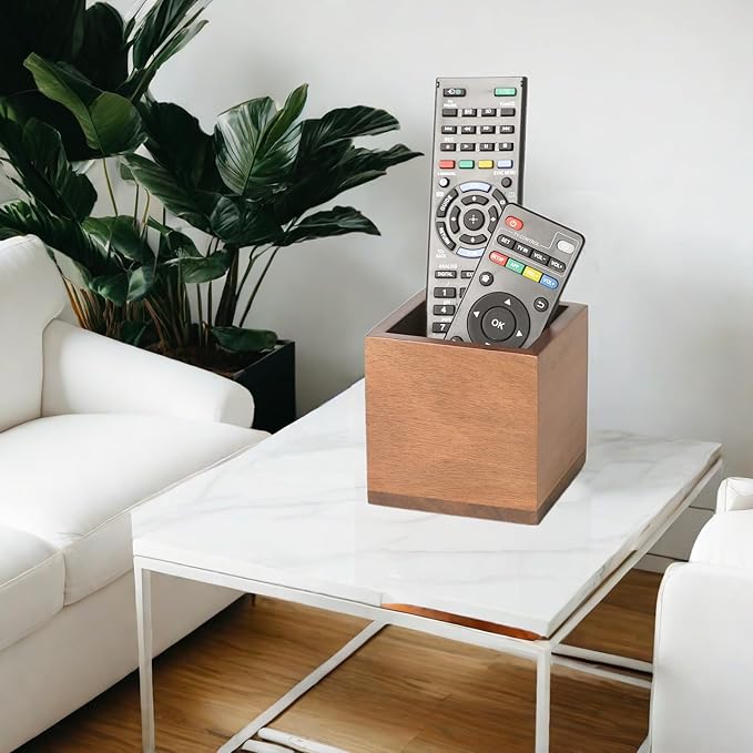 Remote Control Holder Caddy, Farmhouse Acacia Wood TV Remote Holder, Vintage Desk Caddy, Remote Organizer for Table (Brown - for 2 or 3 Remote Controls)