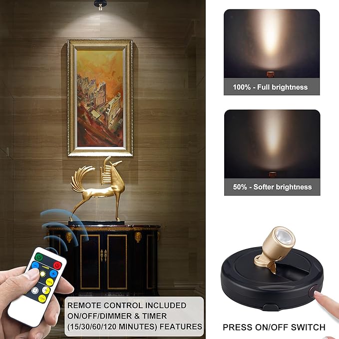 LED Spotlight, Battery Powered Picture Lights, Uplighting Indoor, Puck Lights with Remote, Stick Spot Light for Wall Art Display Dartboard Painting Artwork Accent Closet-4Pack