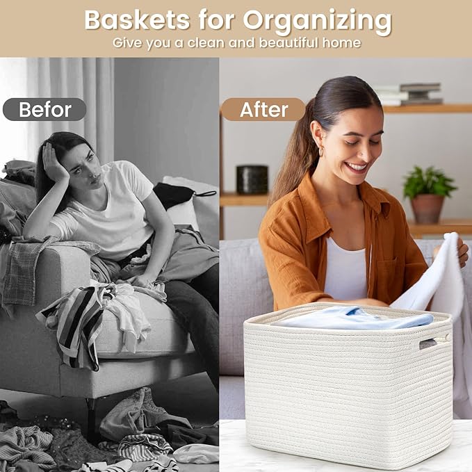 Shelf Woven Storage Basket, 15 x 10 x 9” Closet Rope Baskets For Organizing, Square Bins with Handles, White 1 Pack