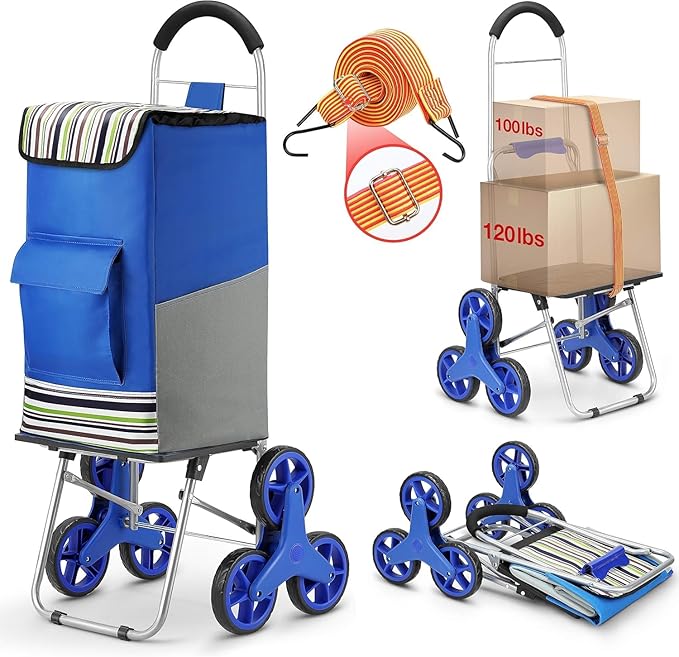 Shopping Cart, Super Loading Stair Climber 220 lbs Capacity, Grocery Foldable Trolley with Extra Large Shopping Bag Laundry Utility Cart with Adjustable Bungee Cord, blue