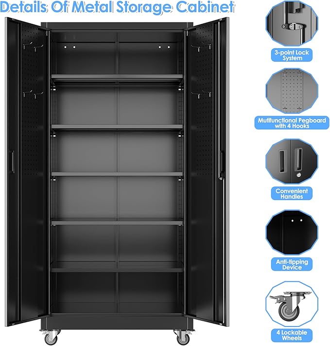 71" H×34" W×18" D Garage Storage Cabinet with Wheels, Metal Storage Cabinet with 5 Adjustable Shelves and Pegboard for Garage Home Office Utility Room,Required Assembly,Black