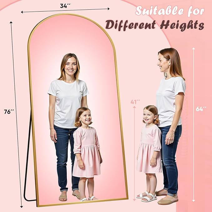 Full Length Mirror, 76" x 34" Arched Full Body Mirror Large Standing Floor Mirrors, Mirrors for Bedroom, Bathroom, Living Room Standing or Wall Leaning, Gold