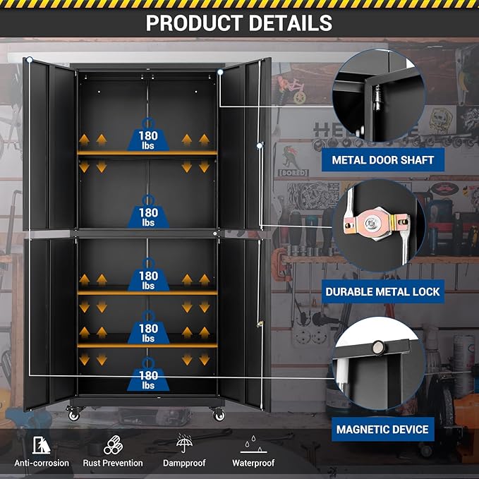 Metal Storage Cabinet-Heavy Duty Rolling Tool Cabinet Garage Storage Cabinets with Adjustable Shelves&Lockable Doors - Black
