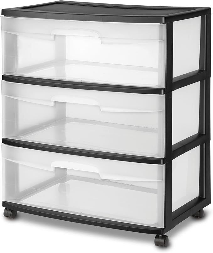 3 Drawer Wide Plastic Storage Cart with Clear Pull-Out Drawers & 4 Wheels - Medium Home Organization Container for Classroom Bathroom Dorm Bedroom Laundry Room (Black)