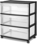 3 Drawer Wide Plastic Storage Cart with Clear Pull-Out Drawers & 4 Wheels - Medium Home Organization Container for Classroom Bathroom Dorm Bedroom Laundry Room (Black)