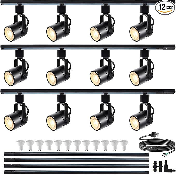 GU10 LED Black Track Lighting Complete Kit 6000K Natural White, Dimmable H Type 14.76ft Track Rails, 12 Packs GU10 LED Bulbs Ceiling Spotlight Fixture, an Cost-Effective Lighting Solution