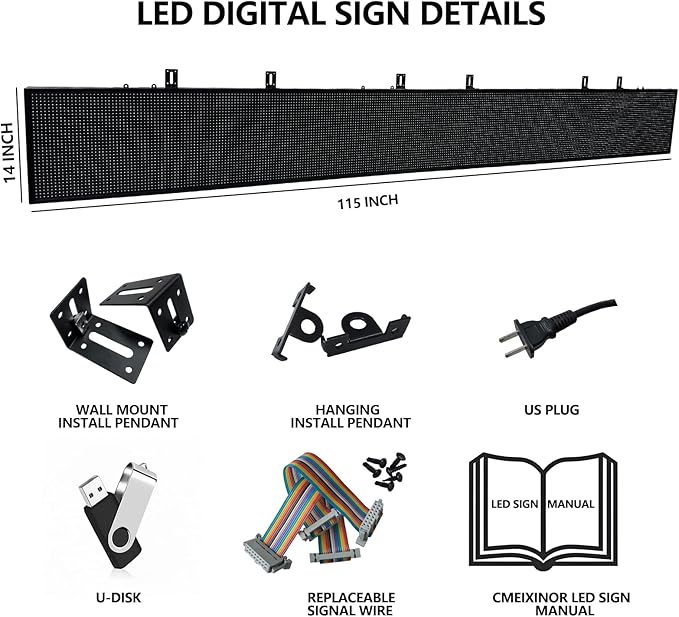 P10 LED Programmable Advertising Sign, High Brightnes Outdoor Digital Sign Waterproof, WiFi Control LED Open Signs for Business, Electronic Message Display Board 115"X14"