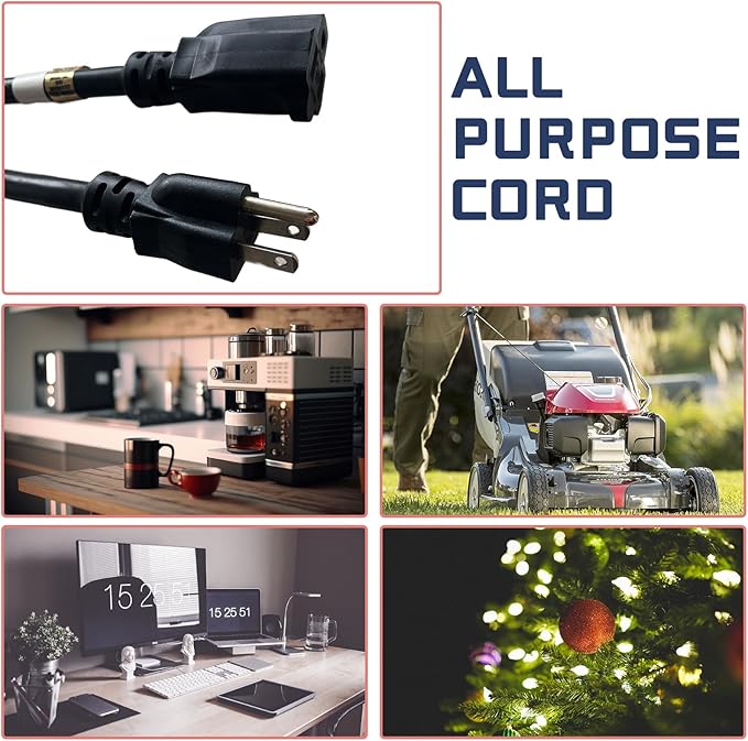 15 Ft Outdoor Extension Cord - 12/3 SJTW Heavy Duty Black Extension Cable with 3 Prong Grounded Plug - Power Cord for Lawn, Garden, Appliances