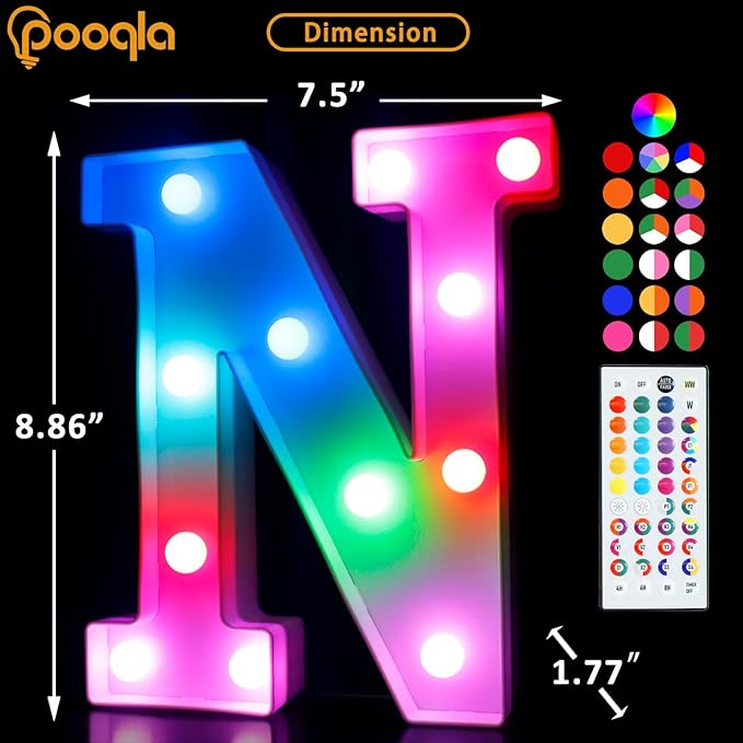 Pooqla Colorful Light Up Letters with Remote, Upgraded 35 Colors LED Marquee Letters, RGB Lighted Letter for Girls Teenager Gift, Birthday, Party, Wedding, Night Light, Room, Bedroom Decor, Letter N