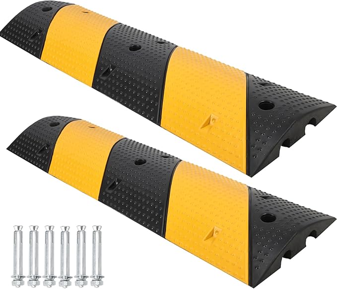 39.4" Rubber Speed Bumps 2 Pack - Heavy Duty Driveway & Parking Cable Protector Ramps, 2-Channel Modular Design for Asphalt & Gravel Roads, Includes 6 Bolts & Spikes