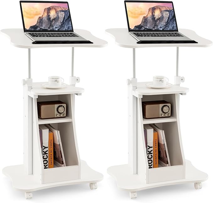 Tangkula Mobile Lectern Podium, Height Adjustable Podium Stand, Standing Sit-to-Stand Desk, Rolling Cart Laptop Desk with Swivel Top Movable Wheels & Storage