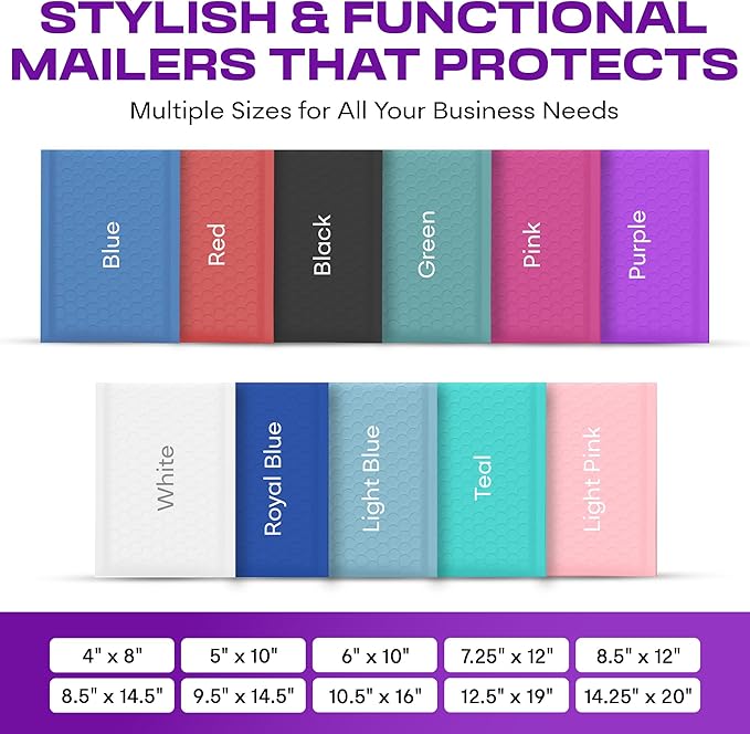 Purple 10.5x16 Inch Large Poly Bubble Mailers #5 | Padded Envelopes with Self Seal | Air Lined Cushioned Bubble Mailer | Usable Size 10.5x15 | 100 Pack Bulk | Lightweight shipping Bags