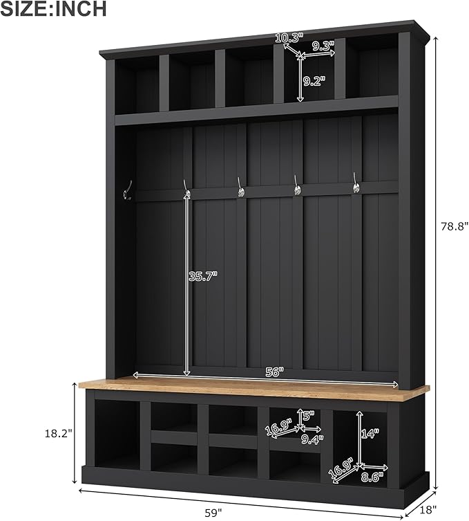Farmhouse Wood Hall Tree with Bench and Shoe Storage, 5-in-1 Coat Rack with 6 Hooks for Entrance, Hallway Black