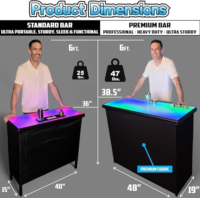 PartyLife Glowing LED Surface Portable Bar Table w/Mobile App, Wireless Remote, Folding Legs, 2 Bar Skirts, Heavy-Duty Storage Shelf & Carrying Case - Black Skirt