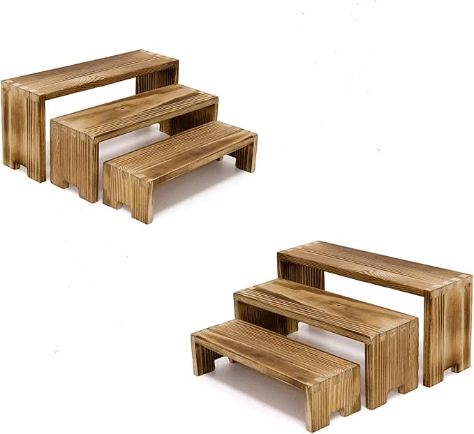 Display Riser Wood Risers Cupcake Stand 3 Tier Racks Decorative Rectangular, 2 Set 6 Piece Cologne Perfume Organizer Dessert for Vendors Event(Nature Wood)