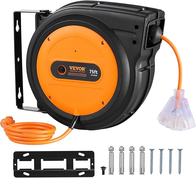 VEVOR Retractable Extension Cord Reel, 75 FT, Heavy Duty 14AWG/3C SJTOW Retractable Power Cord with Lighted Triple Tap Outlet, 13 Amp Circuit Breaker 180° Swivel Bracket for Ceiling or Wall Mount