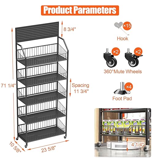 5 Tier Supermaket Snack Rack Heavy Duty, Rolling Retail Display Stand with 15 Hooks & Soild Panel Shelves, Multifunctional Metal Snack Shelf for Store Business