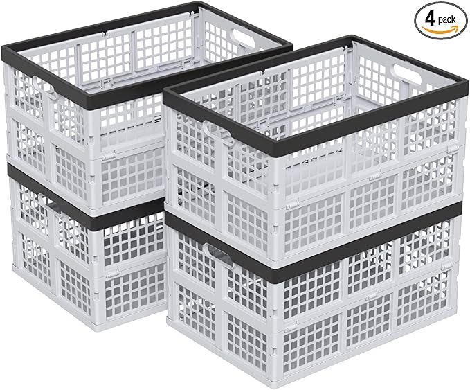 42 L Plastic Stackable Collapsible Storage Crate, 4-Pack Stacking Folding Storage Basket, Utility Crate Basket Containers