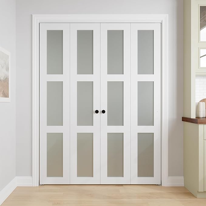 Bifold Doors for 60" x 80" Opening, 3-lite Tempered Frosted Glass Closet Folding Doors with Hardware kit Included, Easy Assembly, White