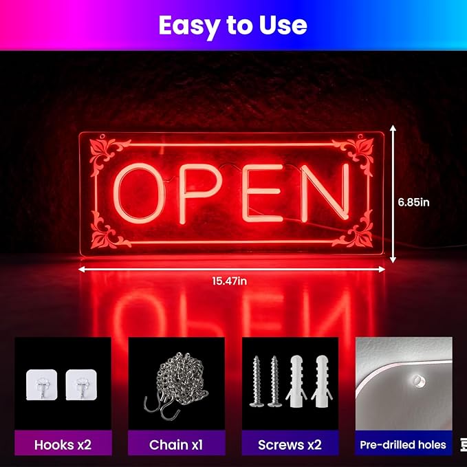 Open Signs for Business, LED Neon Open Sign Lighted Open Lights for Business Window Door Wall Hanging Coffee Snack Bar Restaurant Barbershop Retails Store Shop, USB Power & Dimmab