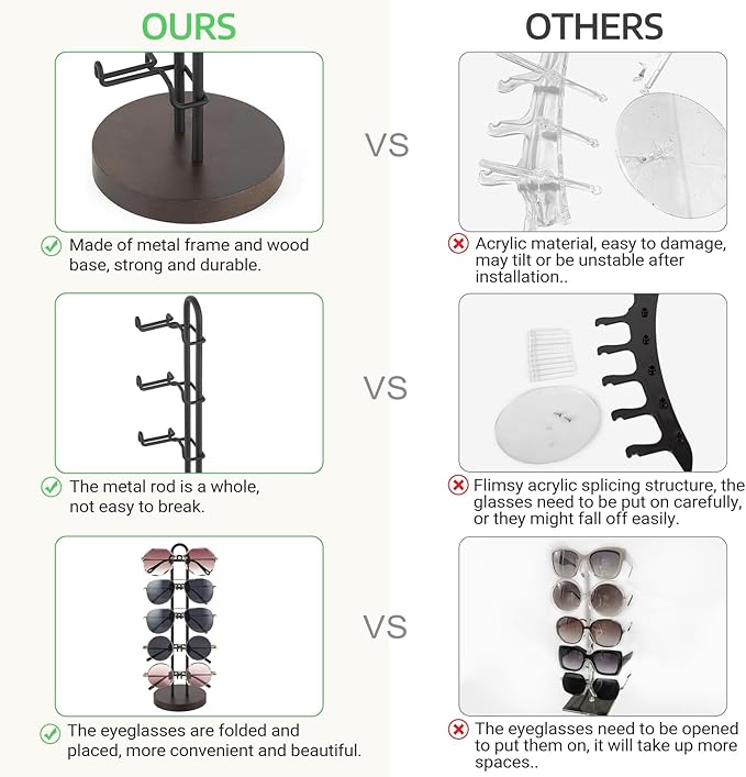Mkono Sunglasses Organizer Glasses Holder Stand Sunglass Storage Eyeglasses Rack Metal Frame with Wood Base for 5 Pairs of Eyewear Display for Table Desk Countertop Dresser Bedroom, Set of 1, Black