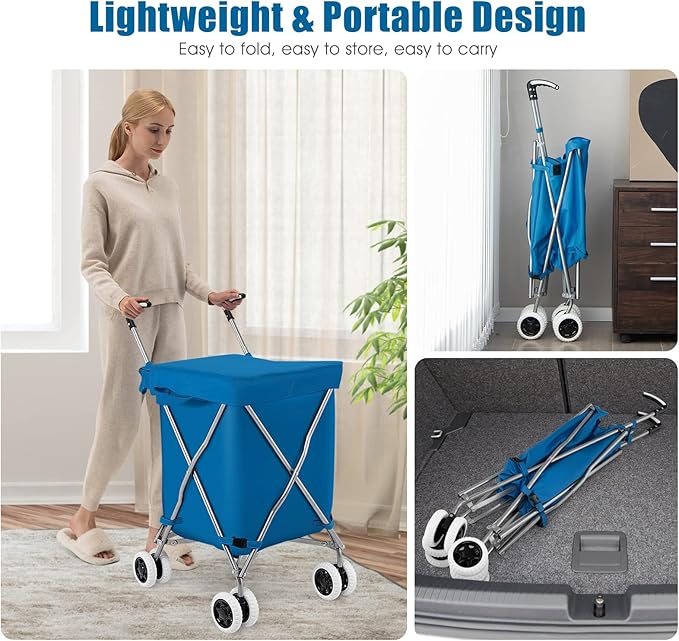GOFLAME Folding Shopping Cart on Wheels, Waterproof Grocery Cart with Removable Cover and 360° Swiveling Wheels, Collapsible Utility Cart for Groceries and Laundry, 120LBS Load Capacity, Blue