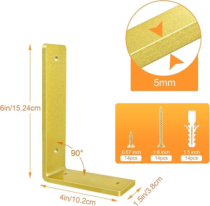 Gold Floating Shelf Bracket 6 Inch, 4 Pack Heavy Duty Shelf Brackets, Wall Shelf Bracket for DIY Decorative with Mounting Hardware