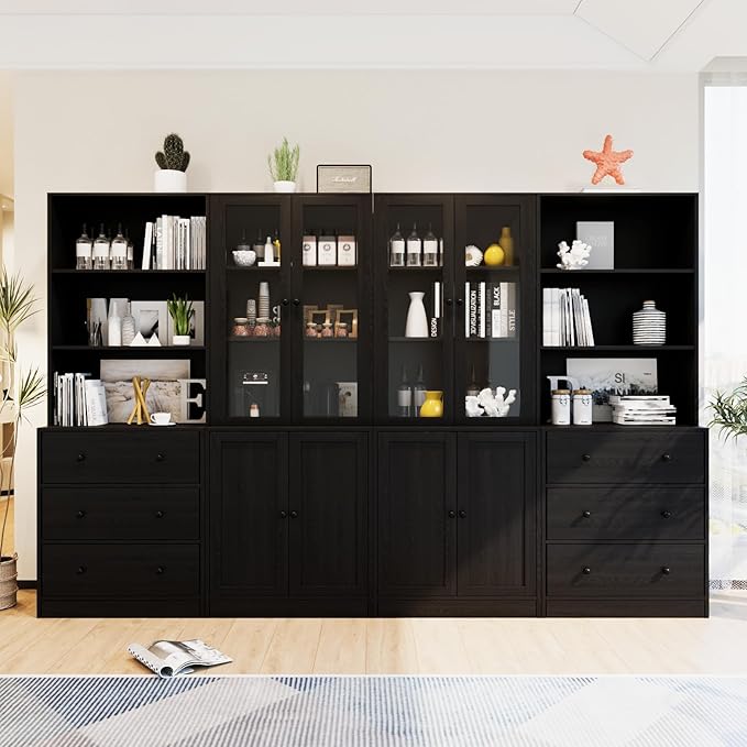TUSY 71" H Bookshelf Bookcase with Doors, 3-Tier Modern Bookshelves with 3 Large Drawer, Display Bookcase with Glass Doors, Modern 5-Tier Curio Cabinet for Home Office, Dining Room (Black, ABBA)
