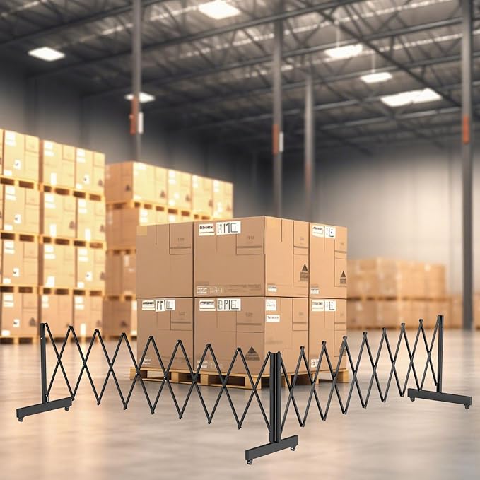 12.2FT Black Industrial Metal Expandable Barricade，Retractable Traffic Fence with Casters, Folding Security Gate，Portable Barricade Gate for Construction Area, Traffic Control, Cordon