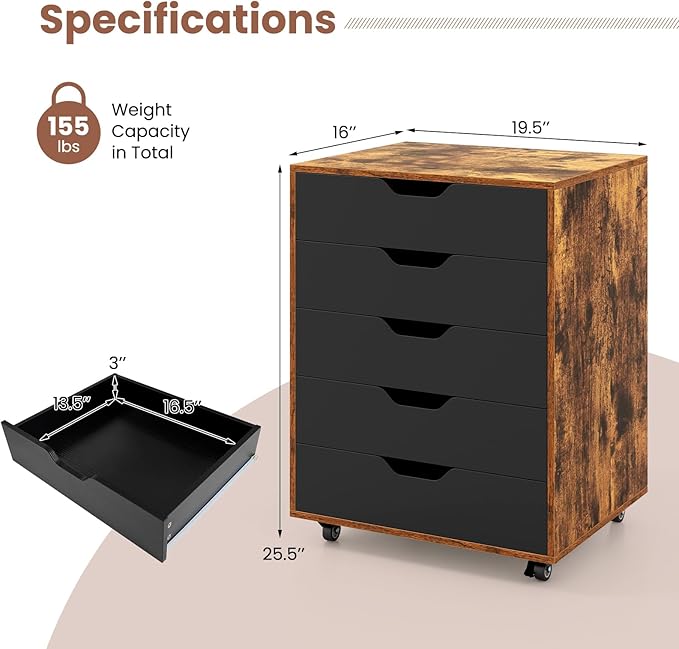 LOKO 5-Drawer Storage Cabinet, Versatile Drawer of Chest with Lockable Wheels, Mobile Office Lateral File Cabinet, for Home Office, Study (Rustic Brown + Black, 16" D x 19.5" W x 25.5" H)