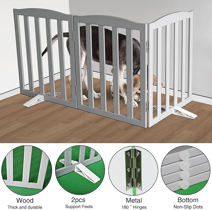 Freestanding Dog Gate Indoor,Doggie Gate Foldable Pet Gates for Doorways,Stairs or Hallways, Wooden Grey Pet Gate for The House, Pet Fence with Support Feet Included,32 "Height-3 Panels