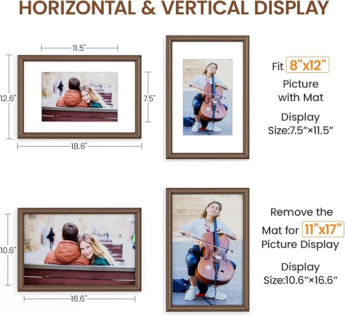 Natural Walnut 11x17 Picture Frames Mat to 8x12 Picture Display,Original Wood Handcrafted Diploma Frame,Wooden Frame 11x17 with Tempered Glass Graduation Family Wedding Certificate Photo Wall Mounted