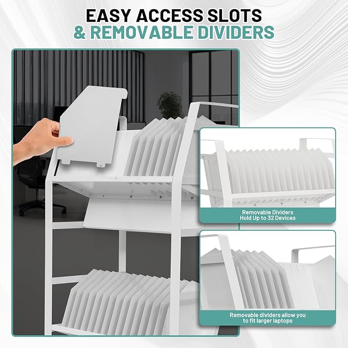 32 Device Mobile Open Charging Cart, Charging Station Rack, Easy Access and Removable Slots, Charging Storage Cart, Cable Management for Laptop Computers, Tablets, iPads, Chromebook for schools