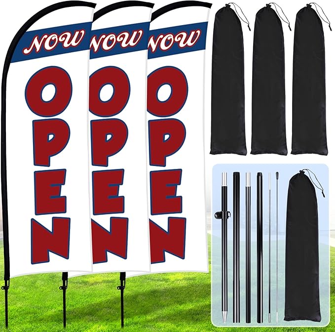 Buryeah 3 Sets Now Open Feather Flag Pole Kit for Business Advertising 7 ft Open Flag Banner Sign with Pole Kit Ground Stake and Portable Bag for Outside Ground (White and Blue)