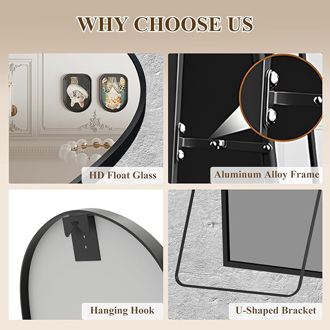 57"x20" Full Length Mirror with Stand, Shatterproof Arched Floor Mirror, Aluminum Alloy Thin Frame - Freestanding/Leaning/Wall Mount for Bedroom, Living Room & Entryway (Black)