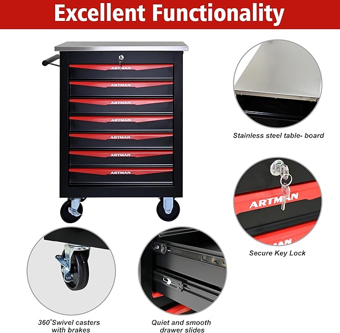 7 Drawers Tool Cart on Wheels with Stainless Steel Worktop, Heavy Duty Mobile Rolling Drawer Tool Chest with Locking Wheels & Lockable Drawers, Garage Tool Storage Cabinet (Black, 7 Drawers)