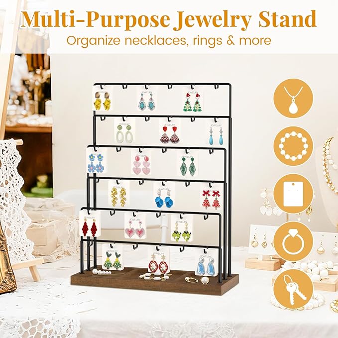 EsLuker.ly Earring Card Display Stand for Vendors Events Selling, Earring Holder Rack Metal 6 Tier 36 Hooks with Wooden Base, Large Capacity Showcase Your Jewelry at Any Event, Black